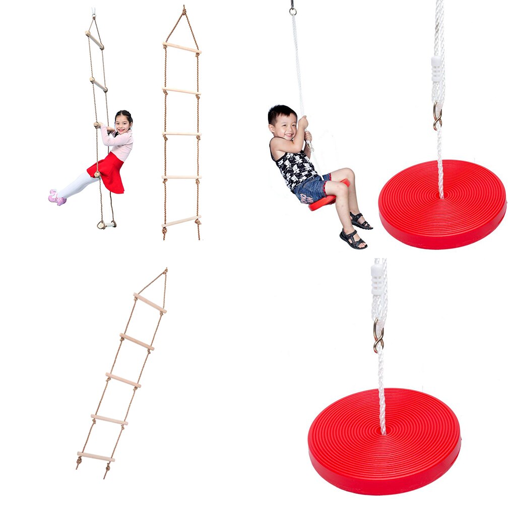 Red Climbing Rope Swing + 5 Rungs Rope Ladder for Kids Outdoor Tree Backyard Playground Swing