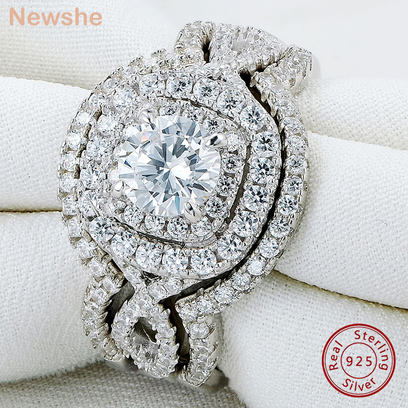Newshe 3 delar 925 sterling silver vigselringar för kvinnor 2.1ct aaaaa cz förlovningsring set klassiska smycken storlek 5-12