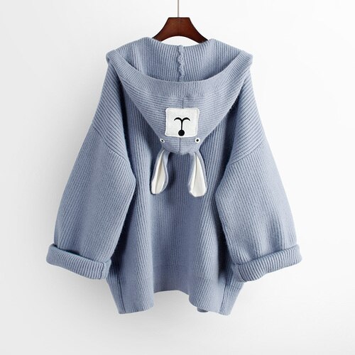 Neploe, suéter de punto con capucha para mujer, aplique de dibujos animados, abrigo de ropa de punto larga medio suelto, Otoño Invierno , punto abierto: light blue
