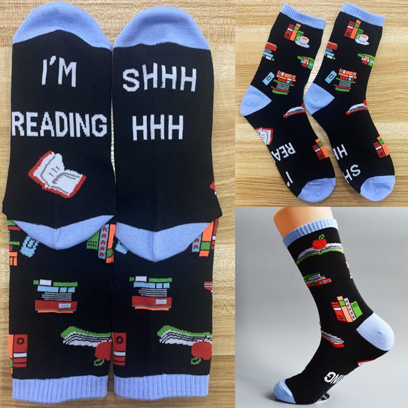 Unisex Funny Saying Novelty Crew Socks Shhh I Am Reading Books Mid Tube Hosiery XX9D