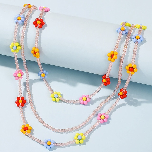 HangZhi Summer Sweet Choker Colorful Flowers Transparent Crystal Acrylic Beaded Clavicle Necklace for Women Jewelry