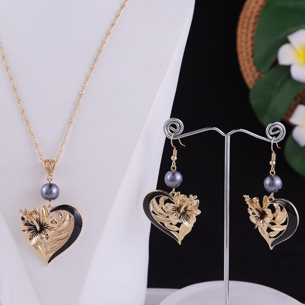 Cring Coco Herz Anhänger Halskette einstellen Hibiskus Blumen Ohrringe Halskette Trend hawaiisch Schmuck setzt für Frauen: ZH0607GOGR