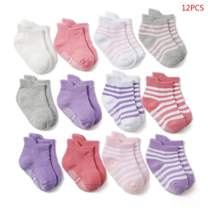 12 par/set listra intervalo criança bebê esportes algodão meias confortáveis anti deslizamento meias para 0-24 meses meninos meninas: 2-L
