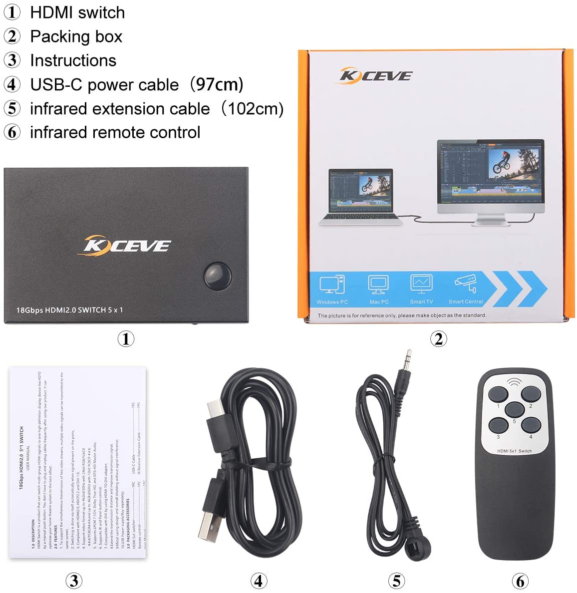 5 Ports 18Gbps HD 2.0 Switcher 5 Input 1 Output KVM Switch Screen Switcher Shared Keyboard and Mouse Switching