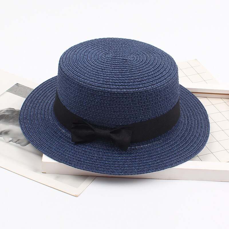 Bow Tie Straw Sun Hat Women Trilby Gangster Band Beach Cap Sun Hat Sun Protection Round Flat Top Beach Sun Hat Caps: Navy