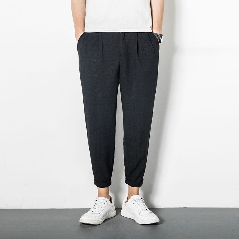 Japanischen Jahrgang Leinen Plaid Tasche Breite Quer verlieren Gabelung Hiphop Harem Jogger Streetwear Knöchel-Länge Schlauch Plus Größe Koreanische: Schwarz / L