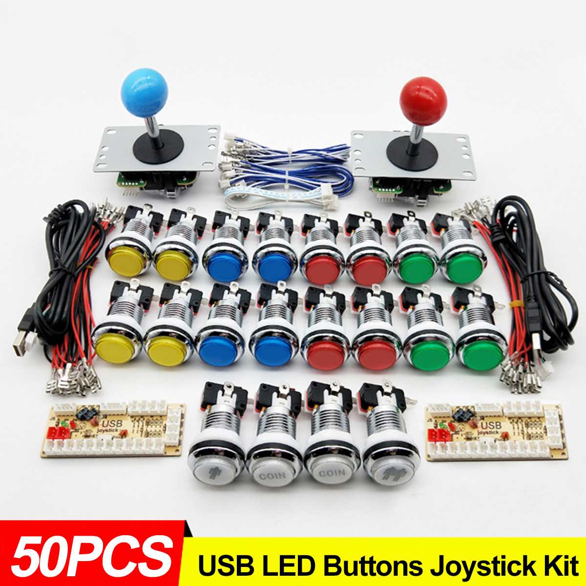 50 Uds DIY Arcade Joystick USB Kit de junta 32mm 5V LED botones 5Pin Joystick Botón de chapado Cable USB cero retraso para los niños