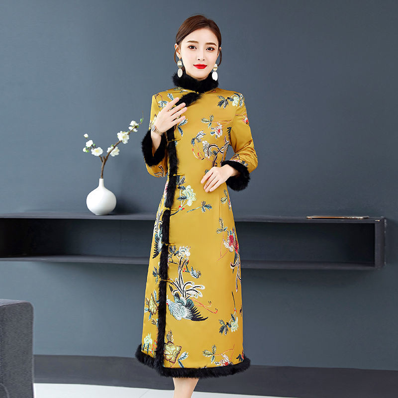 Yellow Print Mid-length Slim Qipao Chinese Dress Women Hanfu Traditional Oriental Robe Winter Thicken Warm 2022 Cheongsam