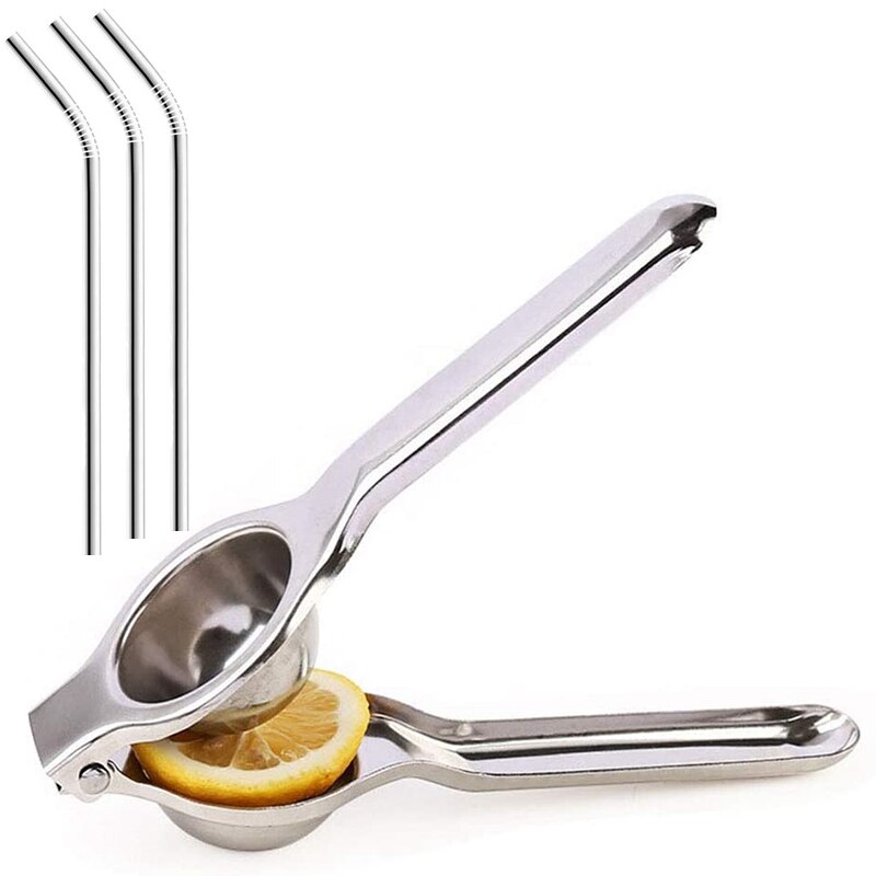 Lemon Lime Stainless Steel Squeezer Press - Large Heavy-Duty Manual Hand Held Citrus Juicer with Reusable Straws: Default Title