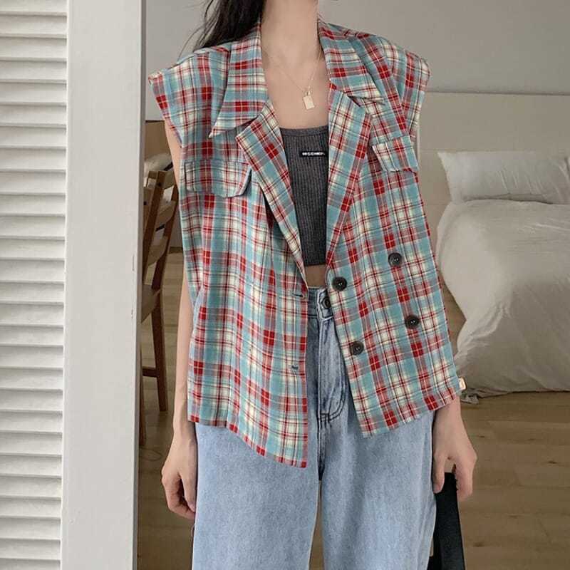 Vesten dames geruite losse inkepingen dubbelrijs chic studenten zomerjassen mouwloos all-match streetwear dames: Rood / M