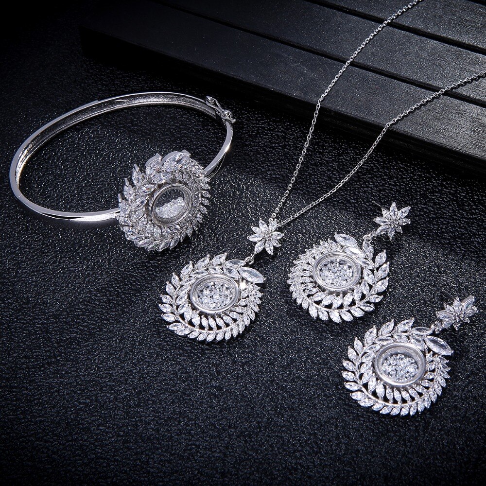 Collar de circonia cúbica + pendiente + brazalete para mujer, conjunto de joyería de boda, rama de olivo, Semi-sector, de , D1383