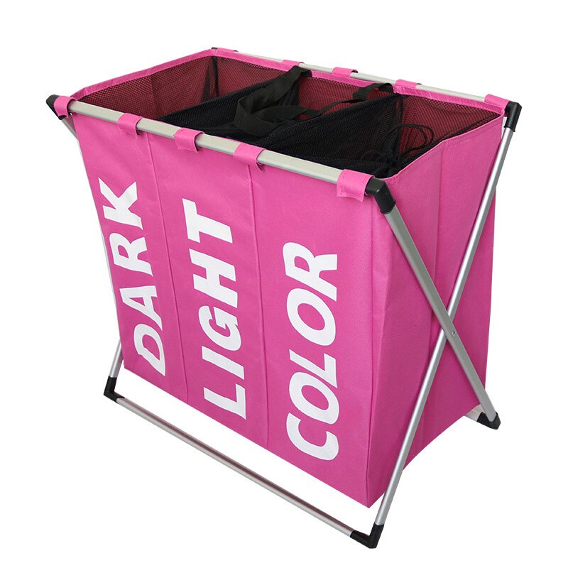 Collapsible Dirty clothes laundry basket Three grid bathroom laundry hamper Organizer home office metal storage basket: pink 3 grid