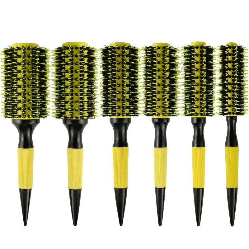 Professionelle runde Haarbürste aus Holz, 6 Größen, Wildschweinborsten, Mischung aus Nylon, Salon-Frauen-Haar-Styling-Werkzeuge, gelb, brasilianisches Haar, Lockenwickler