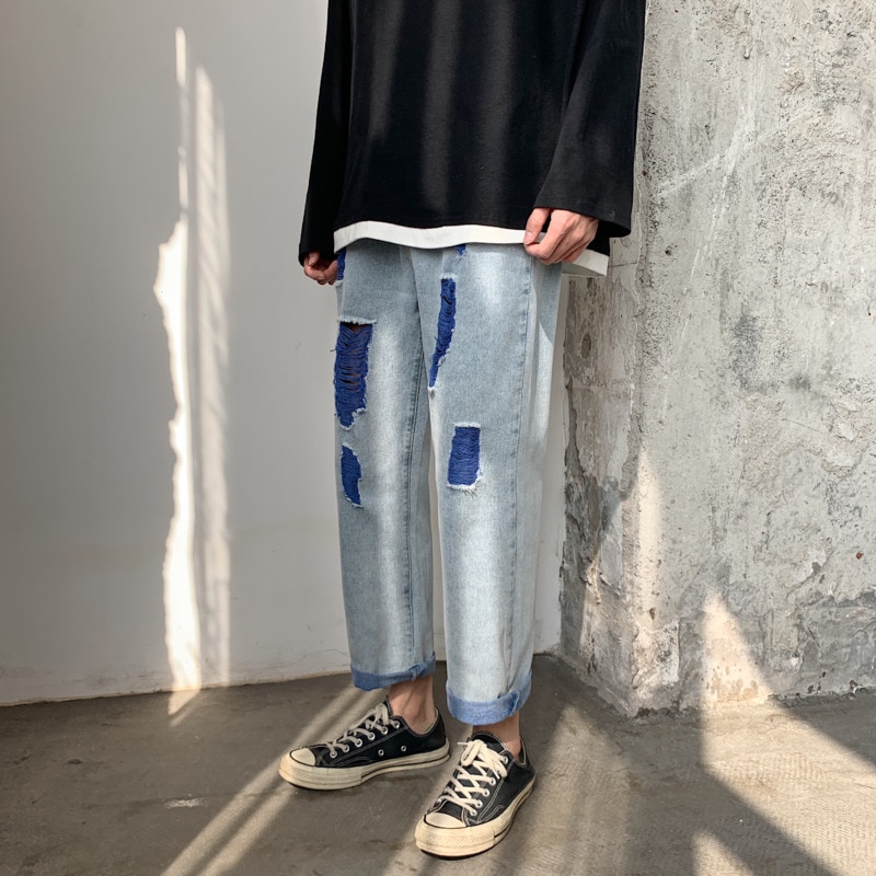Ripped jeans herre kontrastfarve afslappet hul jeans bukser mænd streetwear løs hip hop straight denim bukser herre