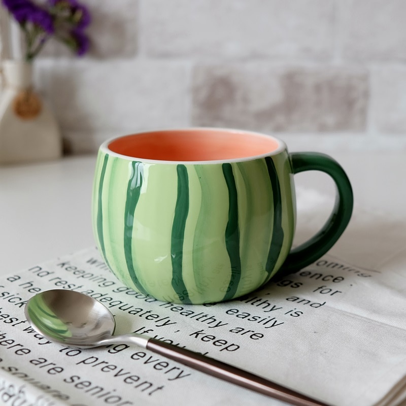 530ml vandmelon keramik krus med ske speciel skår kop kop krus hjemmekontor fancy til tedrikker