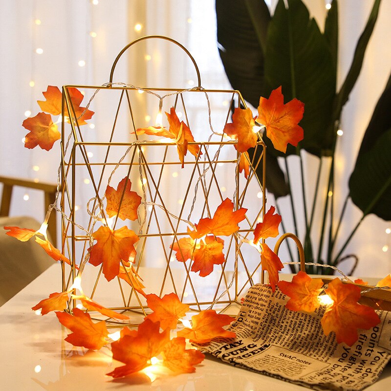 Guirnalda de Hojas de arce artificiales de otoño, decoración de guirnaldas de luces Led para Navidad, Acción de Gracias, decoración para fiestas para montar Halloween, 2M, 10Led