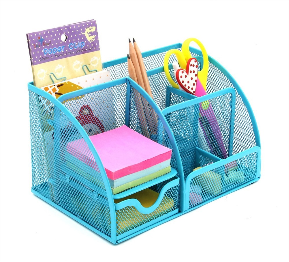 Office Supplies Mesh Desk Organizer Desktop Pencil Holder Accessories Caddy with Drawer, 7 Compartments, Blue
