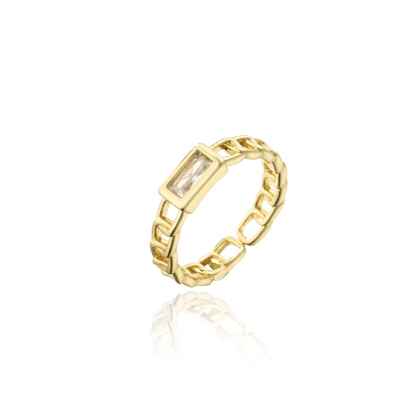 Newbuy Gouden Kleur Koper Cubaanse Ketting Geometrische Finger Ring Voor Vrouwen Vierkante Kubieke Zirkoon Trouwring Femme Bijoux: 11073