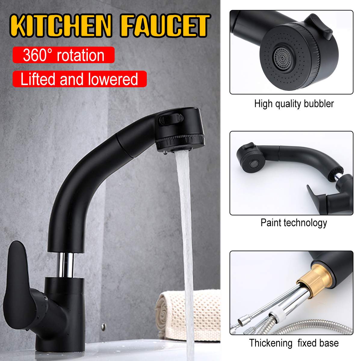 3S Quick Heating & Cold TapsBlack Kitchen Mixer Taps Pull Out 360Swivel Spout Spray Sink Basin Brass Faucet Pull Out Faucet
