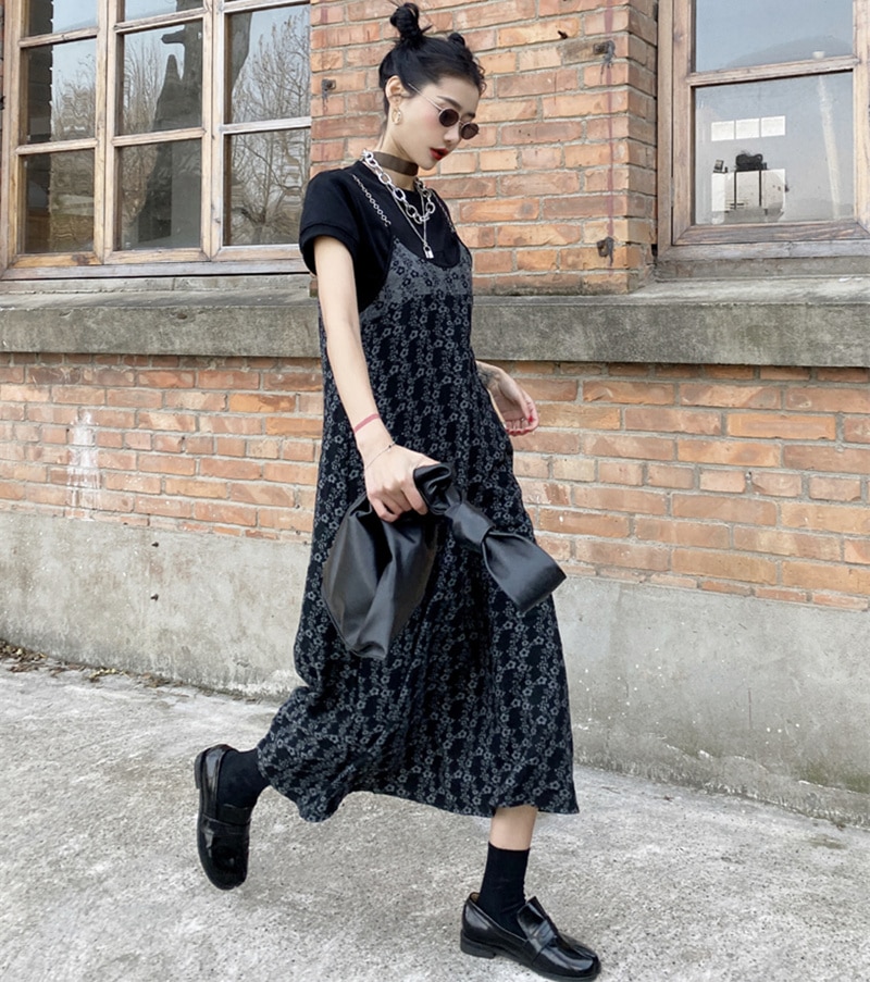 Gothic Lange Rokken Vrouwen Lente Zomer Chic Streetwear Ketting Bandjes Linnen Bloemen Zwarte Jarretel Rokje Overalls Met Taille Tas