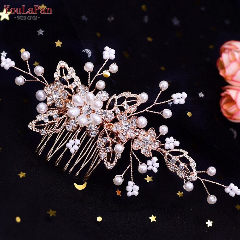 Topqueen HP77 Bruiloft Tiara Bridal Kammen Strass Bruiloft Hoofddeksels Bruiloft Haar Accessoires Bruids Hoofdtooi Bruiloft Haar Kam: HP342-Rose Gold