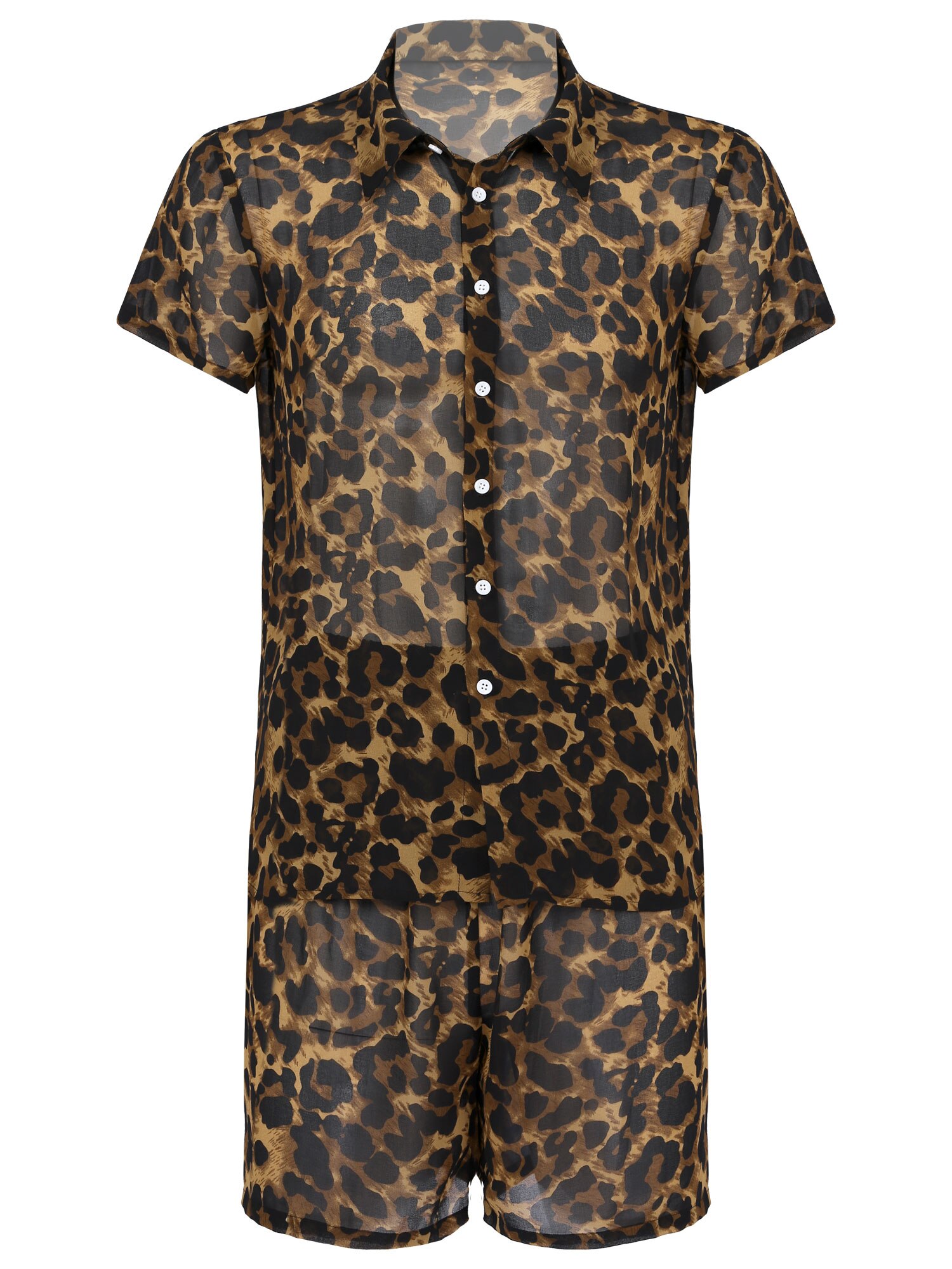 Ensemble pyjama en mousseline de soie pour homme, tenue deux pièces à la , imprimé léopard, Streetwear de plage, col rabattu, chemise avec short