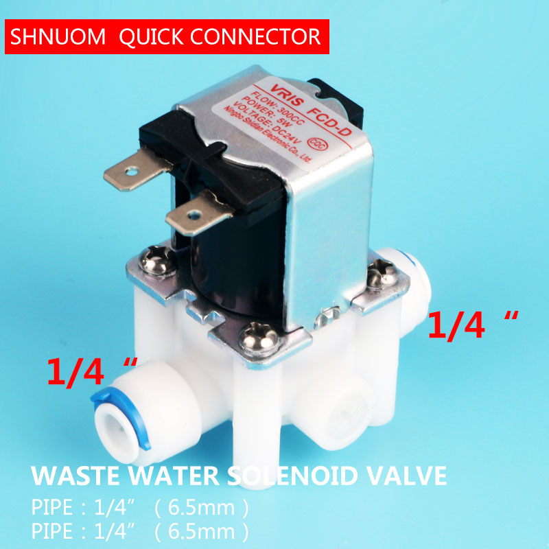 Quick-connect 1/4" DC24V Waste Water Solenoid Valve 300cc Flow RO Water Purifier FCD-D Electromagnetic Valve Normally Closed