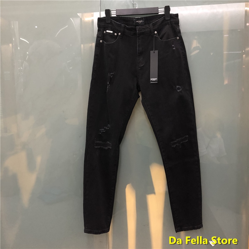 Repræsentere high street jeans mænd kvinder slidte patch stil repræsentere bukser 1:1 version jeans slim stretch pencil bukser