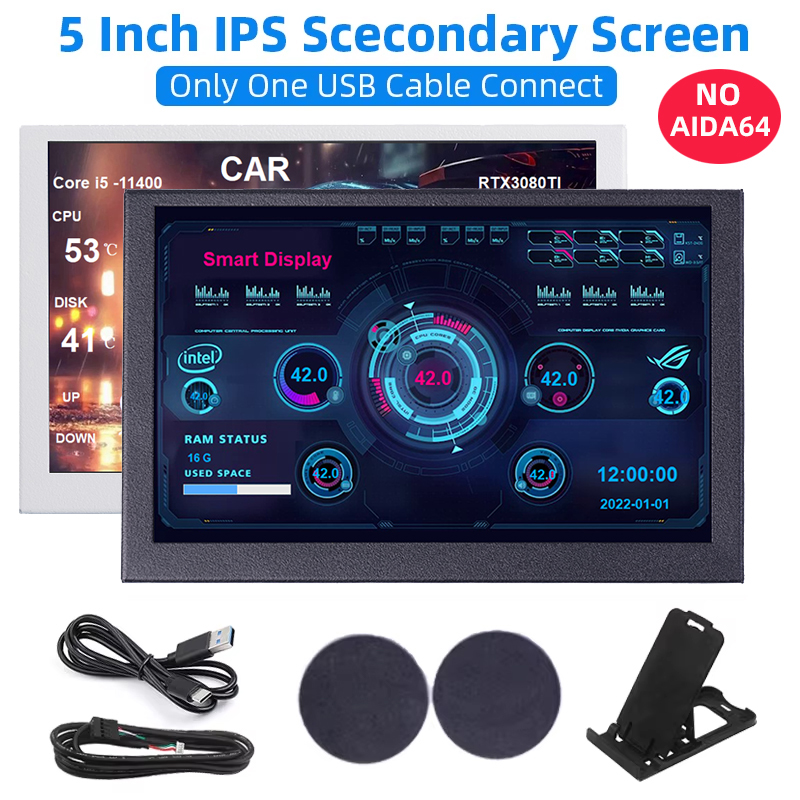 Écran secondaire IPS USB de 5 pouces, 800x480, type-c, LCD, matériel informatique, moniteur, affichage de l'analyse du spectre musical, sans AIDA64