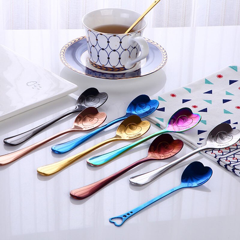 En forme de coeur amour Couple cuillère créative en acier inoxydable café thé Dessert Stiring cuillère arc-en-ciel noir 1 pièces