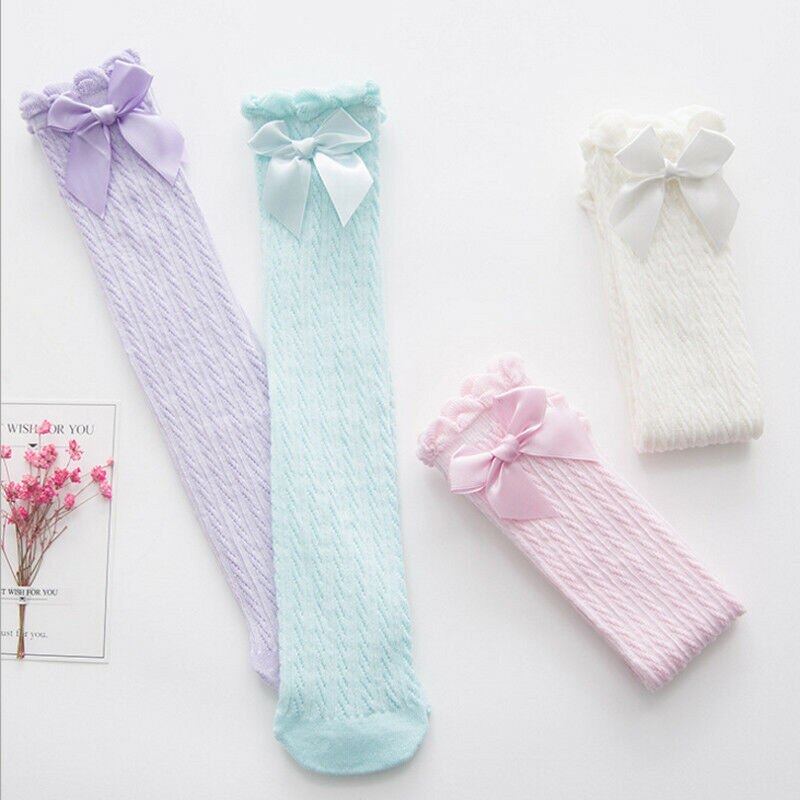 Toddler Kids Baby Girl Over The Knee Socks Bowknot Cotton Casual White Pink Blue Purple Princess Socks Autumn 28cm 38cm