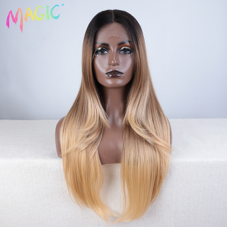 Magic Hair Synthetic Lace Front Wig Long straight 28 Inch Lace Wig Ombre Blonde Wig Heat Resistant Wigs For Women Lace Front Wig: KAF5