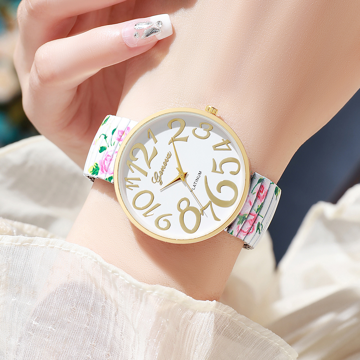 1/2/3/4 Uds. Reloj de Mujer con estampado de flores a la , correa elástica de lujo, relojes de cuarzo árabe, Reloj para Mujer y niñas (sin caja)