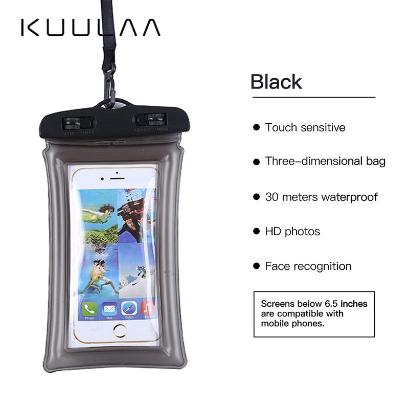 Kuulaa mobiltelefon vandtætte tasker med stropper forseglet pvc beskyttende etui cover undervands pose mobiltelefoner svømmetasker: Sort