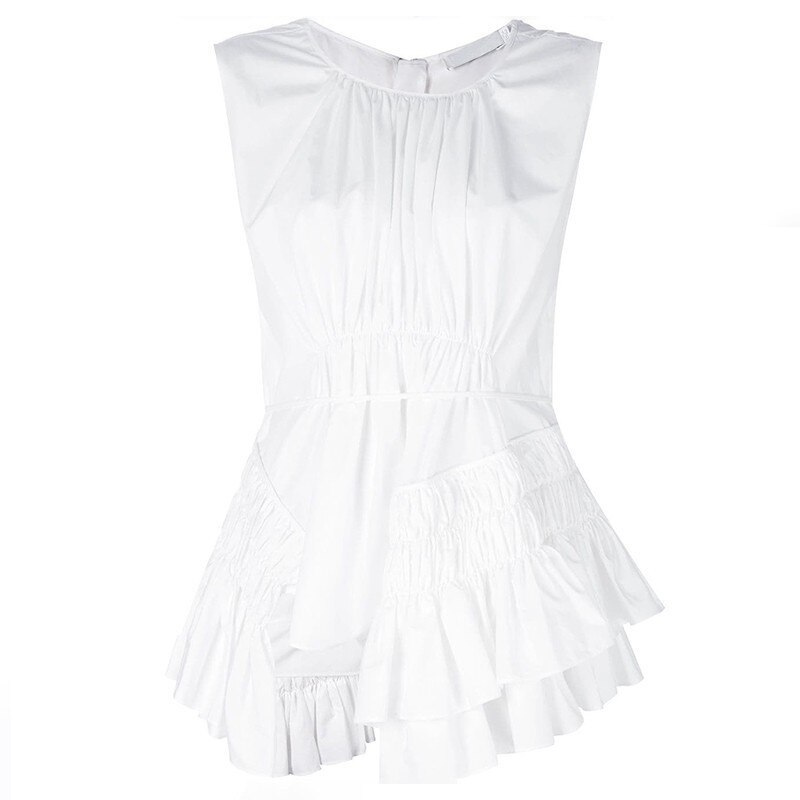 TWOTWINSTYLE sin mangas, informal, de color sólido de las mujeres O cuello Irregular camisa fruncida mujer Verano de de de ropa nueva