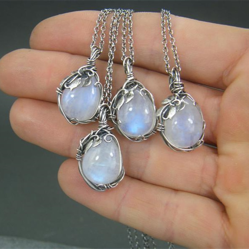 Pendant Necklace Silver Color Chain Moonstone Necklaces for Women Female Jewelry for Girl