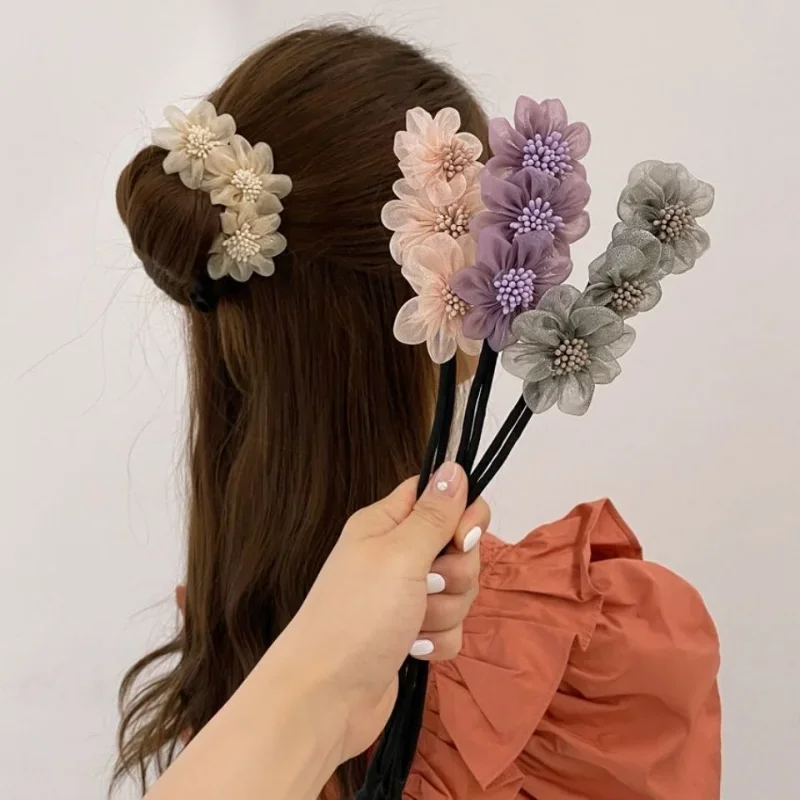 Diadema de gasa con flores para mujer, herramienta para hacer peinados, cuerda para el pelo dulce, accesorios Coreanos