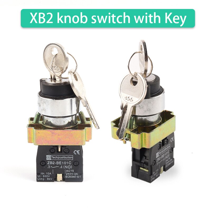 22mm XB2 Knob Switch 2/3 Position Self-Locking With Key Start Power Rotate Switch
