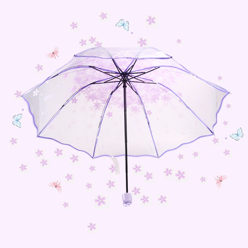 1 stk gennemsigtig paraply flerfarvet klar kirsebærblomst sakura 3 fold paraplyer, foldbart hjemmeregntøj med langt håndtag