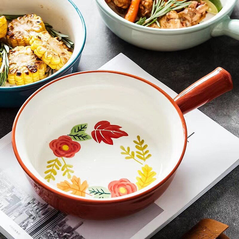 Ceramic Glaze Baking Bowl with Handle Salad Bowls Barbecue Cheese Baked Rice Baking Pan Round 4 Seasons Bakeware Home Decoration