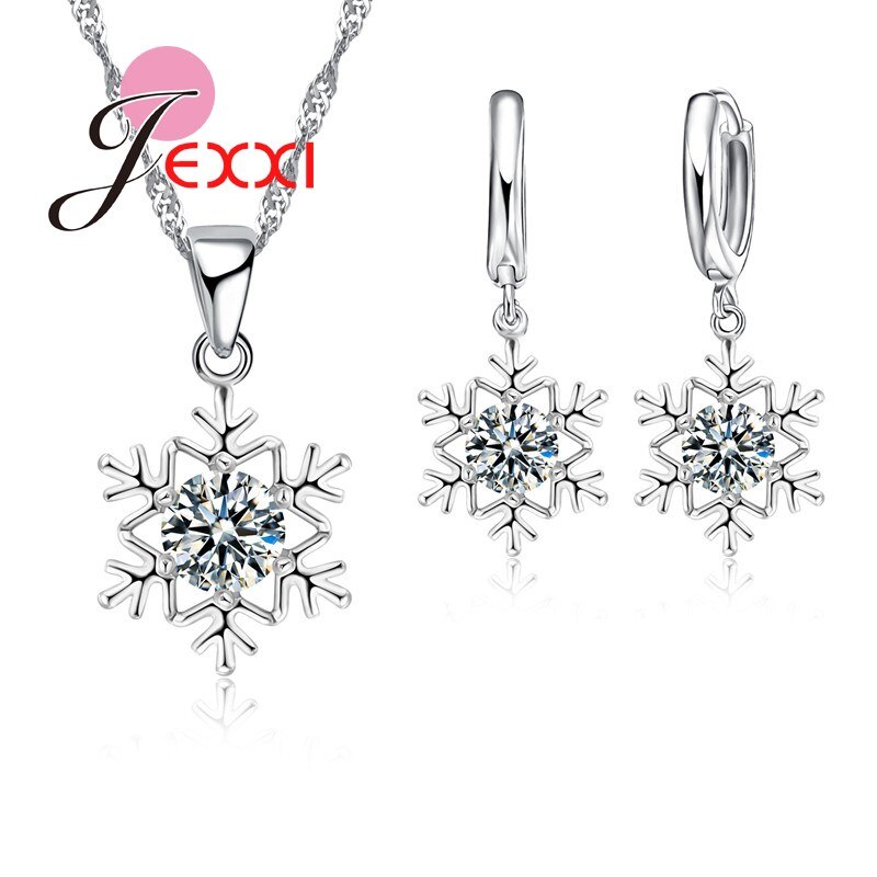 Sneeuwvlok Prachtige Met Witte Zirconia 925 Sterling Zilveren Ketting Oorbellen Sieraden Set Voor Vrouwen/Meisjes