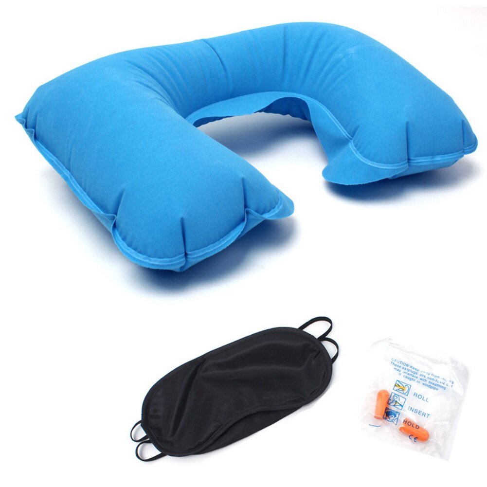 Outdoor Reizen Auto Vliegtuig Pvc Massaal Opblaasbare U-Vormige Hals Rest Kussen Geluidsdichte Oordopjes Blackout Oogmasker Drie-stuk: Blauw