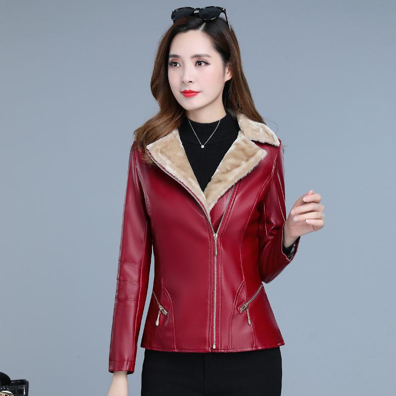 Short plus velvet leather jacket female winter Slim artificial leather jacket autumn warm doudoune femme hiver Plus size: Burgundy / XXL