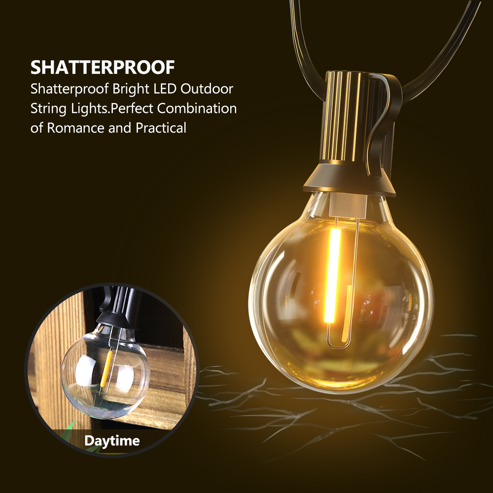 Guirnaldas de luces alimentadas por energía Solar para exteriores, luces de Patio G40 con bombillas LED inastillables, luces colgantes resistentes a la intemperie para bistró en el patio trasero