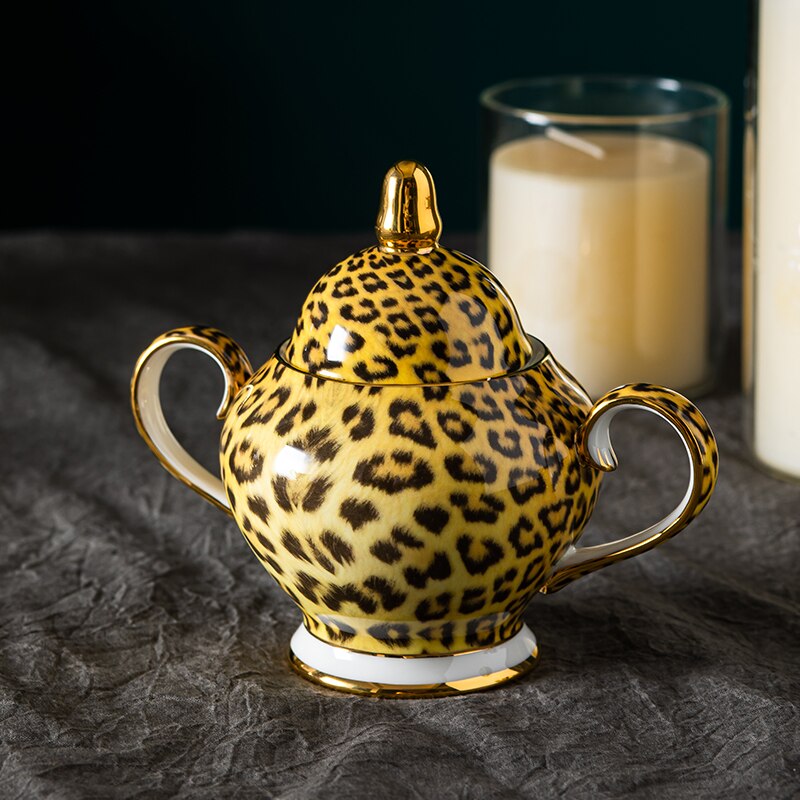 Leopard Print Coffee Set Bone China Coffeecup Saucer Creamer Sugar Jar Mugs Fruit Plate Ashtray Afternoon Tea Set For Home Kitch