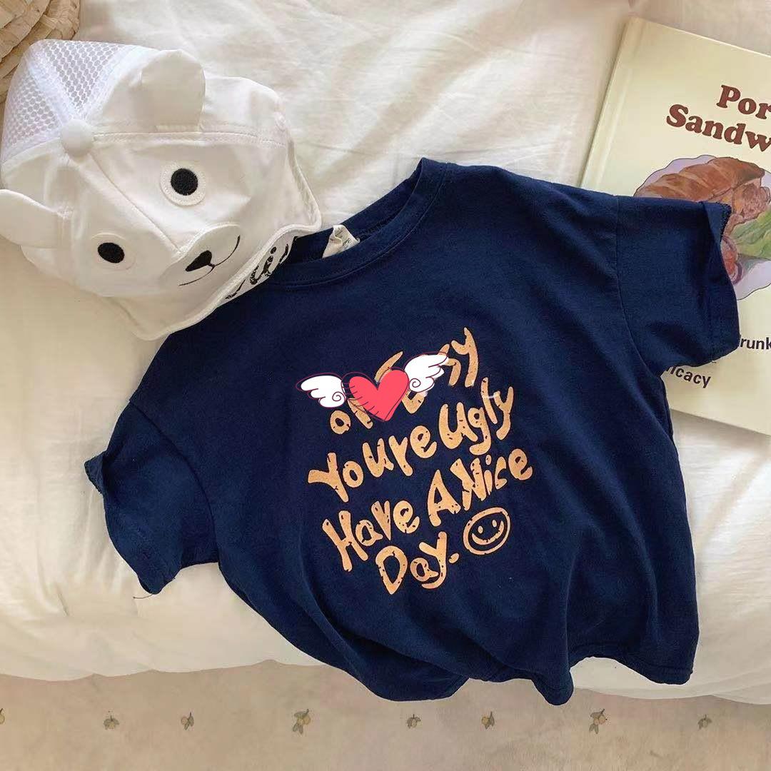 Summer Baby Short Sleeve T Shirt Letter Print Infant T Shirt Cute Boy Girl T Shirt Cotton Kids Tee Baby Clothes: dark blue / 24M  90cm