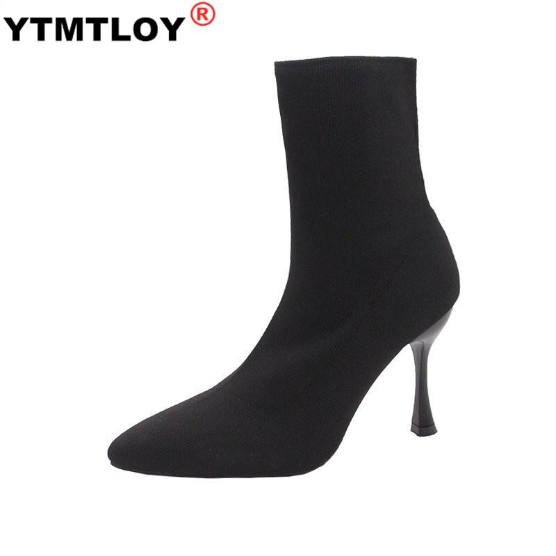 Sokken Korte Botas Vrouwen Solid Breien Chelsea Laarzen Stretch Sok Mid-Kalf Bota Hoge Hakken Zapatos Mujer