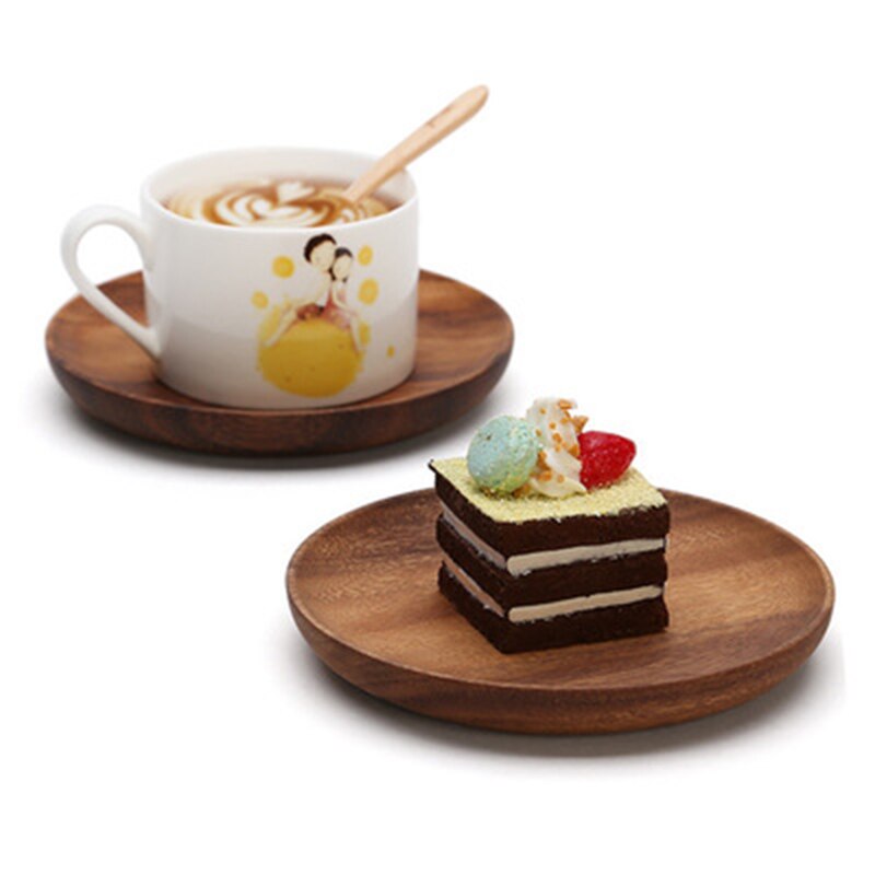 2 stk runde trætallerkener sæt akacietræ kagefade dessert serveringsbakke træ sushi tallerken service porcelæn