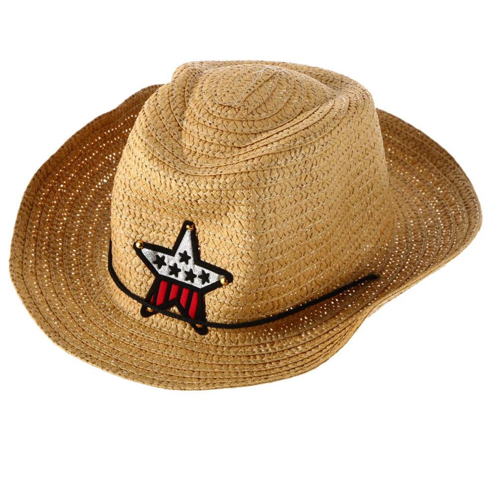 Stylish Children Kids Western Cowboy Straw Sun Hat Wind-proof Cap Summer Big Wide Brim Sunbonnet with Star Decoration: Default Title