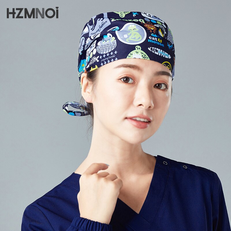 Dunkelblau Baumwolle Arzt Hut Cartoon Tier Krankenschwester Kosmetikerin Peeling Hut Hohe Kürbis Hut Chef Staub Turban Unisex